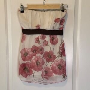 Y2K Strapless Floral Romantic Babydoll Top Pink Poppy Cream Chiffon Flowy